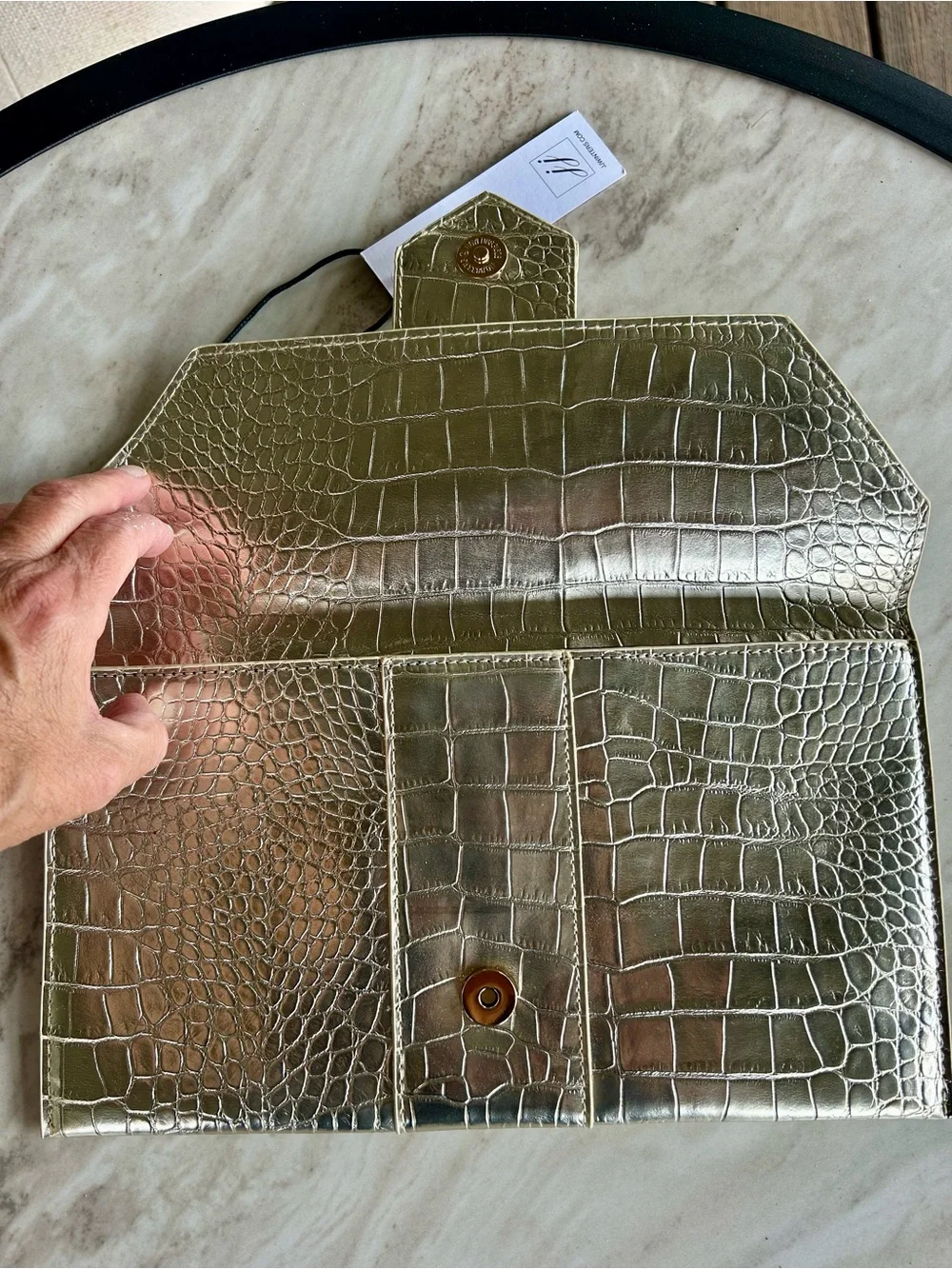 JJ Winters Nikki Gold Croc Envelope Clutch Metallic Vegan Leather Bag